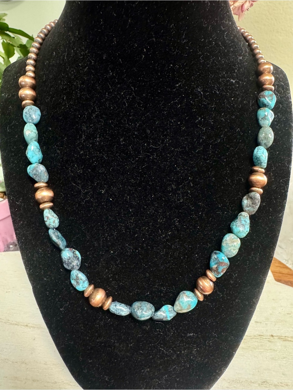 19” Hubei Turquoise Beaded Necklace with Copper Navajo-style Pearls & Accents